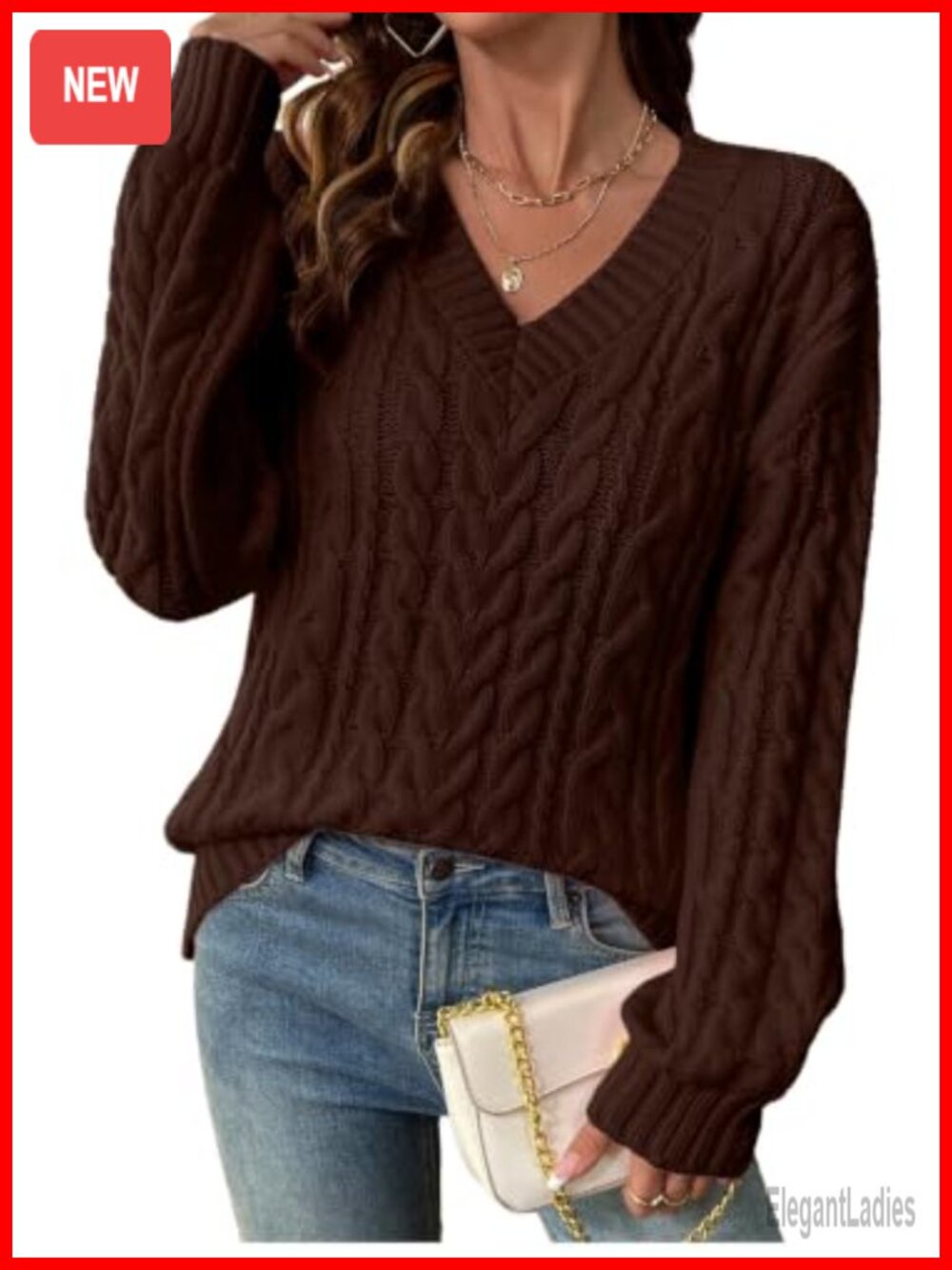 SHEWIN Womens Cable Knit V Neck Oversized Sweater Pullover